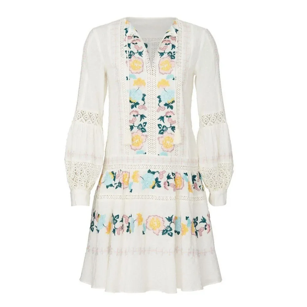 Tory Burch Mini Dress Women's XS White Blue Embroidered Boho Long Sleeve V-Neck